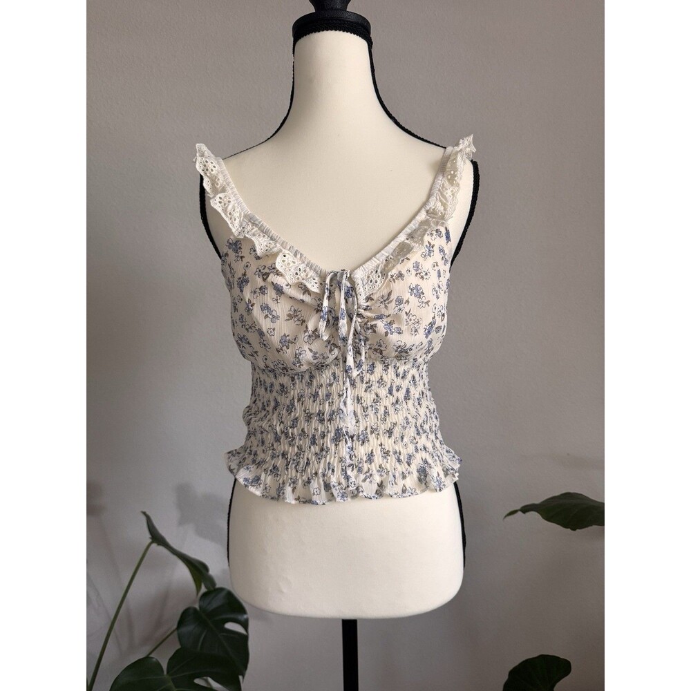 Paper Crane Blue Floral Smocked Milkmaid Top Ruffle Trim Cottagecore Cami Size S